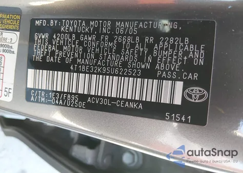 2005 Toyota Camry Le из США, поврежденный, VIN 4T1BE32K95U622523